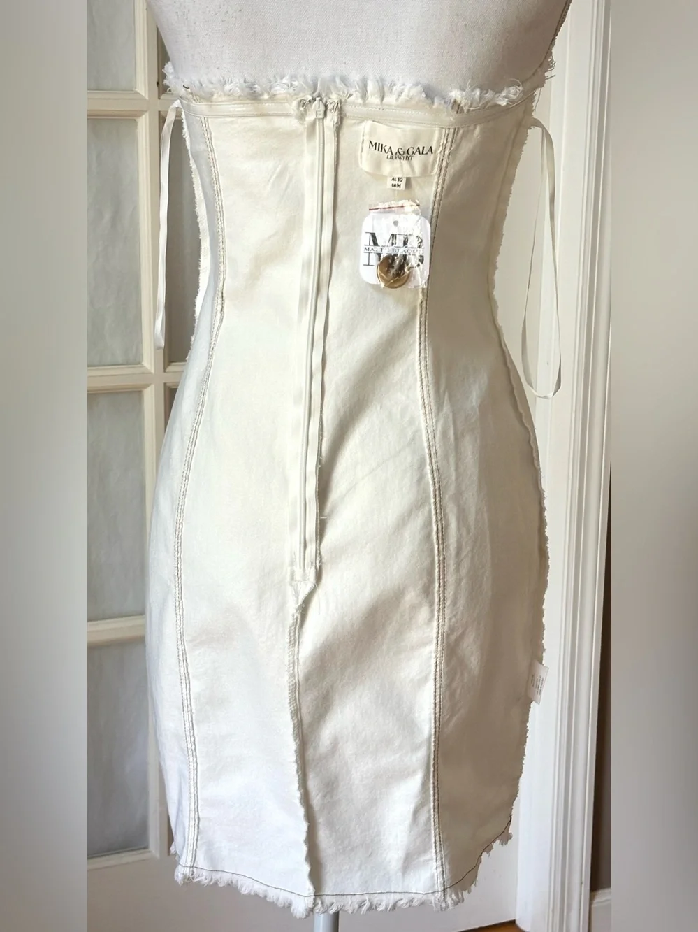 NWT Mika & Gala Strapless Mini Dress Ivory Fringe Button Detail M - Picture 13 of 13